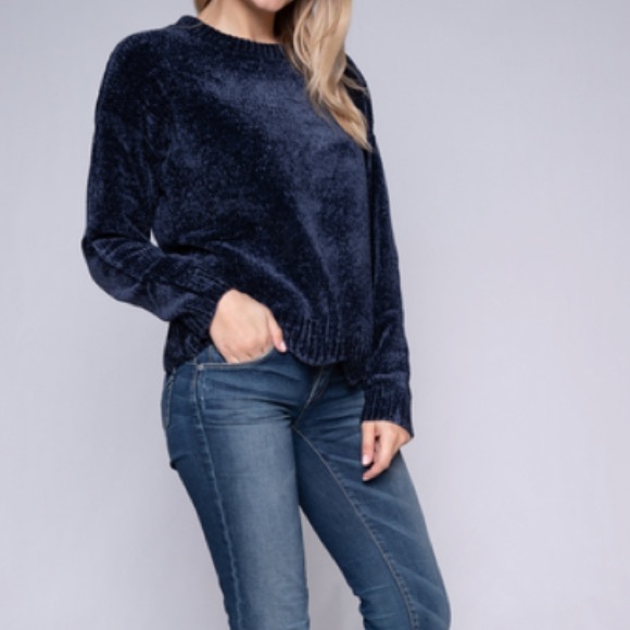 NAVY BLUE SOFT COZY YARM CREW NECK SWEATER TOP - Picture 1 of 6